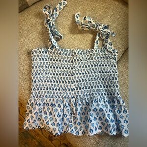 J. Crew Blue and White Floral Smocked Top